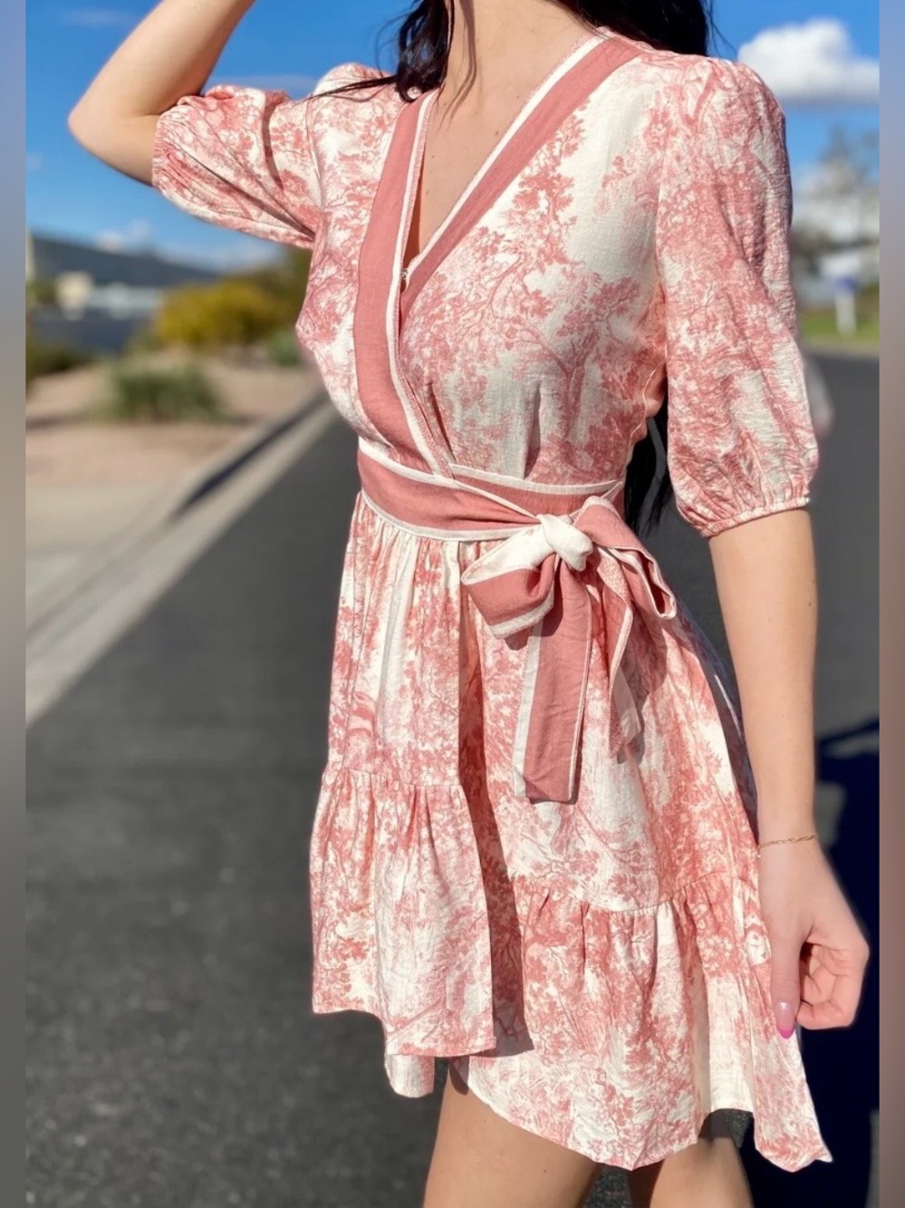Aakaa Pink and Cream Toile Wrap Mini Dress with Waist Tie Bow size M